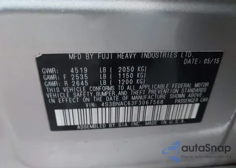 2015 Subaru Legacy 2.5I Premium z USA, uszkodzony, nr VIN 4S3BNAC63F3067568